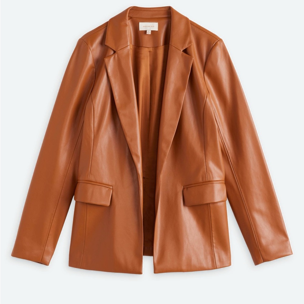 Skies Are Blue Brown Faux Leather Blazer Tailored Fit